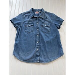 Levi's Women's Pearl Snap Short Sleeve Denim Shirt Size L Palm Tree Embroidery